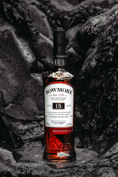 A bottle of Bowmore Scotch whiskey