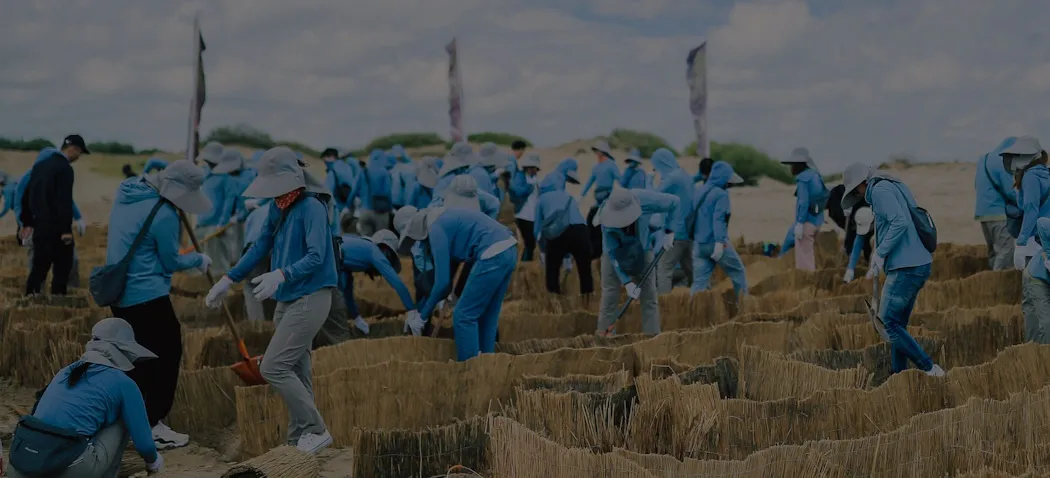 A team of workers engaged in field work. Matching blue hats protect them from the sun. 
